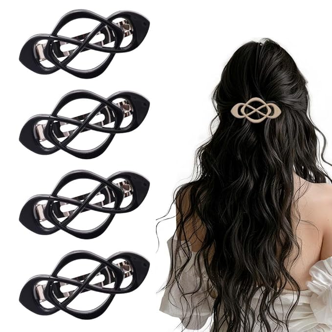 Vintage French Barrette Hair Clips, Hair Barrettes Hair Accessories for Women Girls, Elegant Retro Non Slip Clip with Classic Design Thick to Thin, Stylish Accessories Hair (Bright Black, 4PCS)