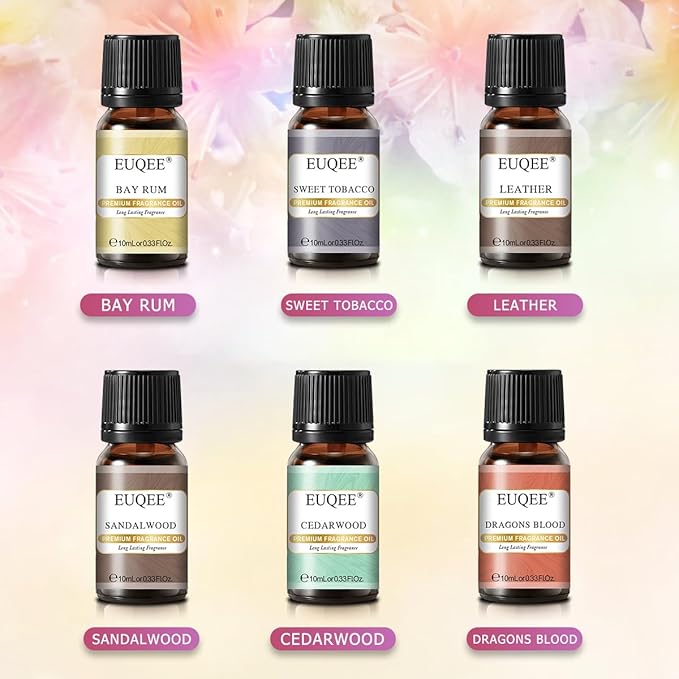 EUQEE 6PCS Fragrance Oils for Men, Men's Pubs Gift Set Premium Fragrance Oils -10ml-Leather, Sweet Tobacco（New Name-Honeyed Haze）, Dragons Blood, Sandalwood, Bay Rum, Cedarwood (Men's Pubs)
