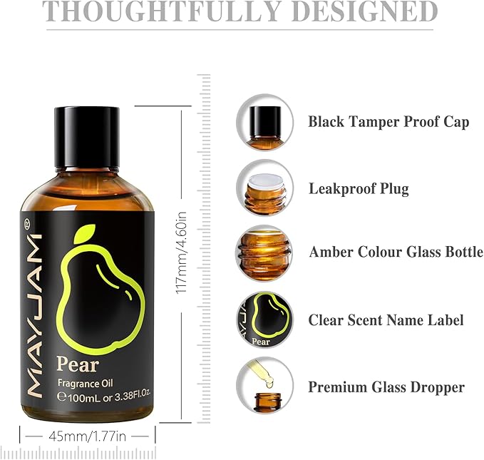MAYJAM 100ML/3.38FL.OZ Pear Fragrance Oils with Glass Dropper, Essential Oils for Diffusers for Home, Long Lasting Scented Oils for Diffusers Soap Candle Making