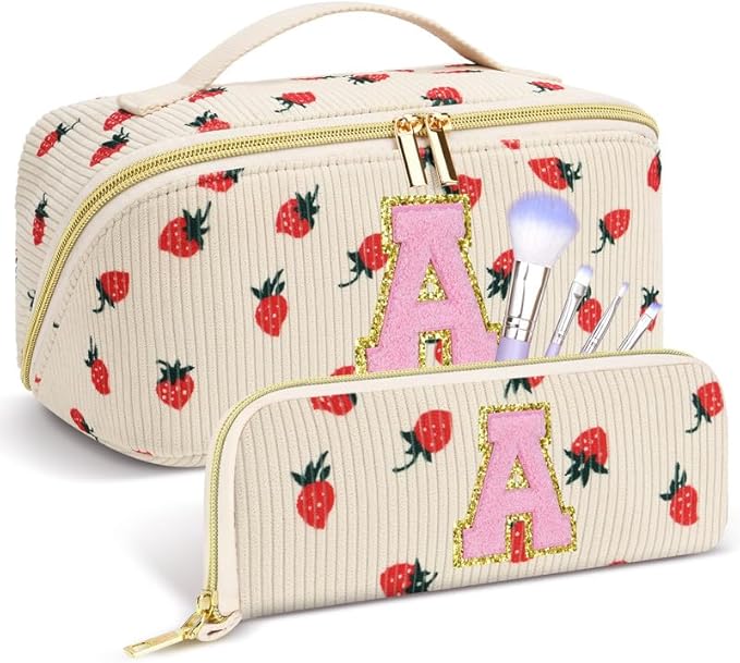 Personalized Travel Makeup Bag Set,Initial Travel Strawberry Makeup Organizer Bag,Toiletry Skincare Cosmetic Bag,Christmas Gifts for Women/Girls,Open Flat Toiletry Pouch with Brush Pocket-A