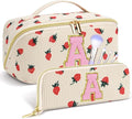 Personalized Travel Makeup Bag Set,Initial Travel Strawberry Makeup Organizer Bag,Toiletry Skincare Cosmetic Bag,Christmas Gifts for Women/Girls,Open Flat Toiletry Pouch with Brush Pocket-A