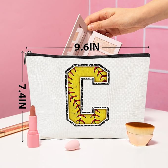 Initial Makeup Bag Monogrammed Cosmetic Bag Yellow Letter C Zipper Pouch Softball Accessories for Girls Women Player Coach Bestie Stuff Graduation Birthday Gifts