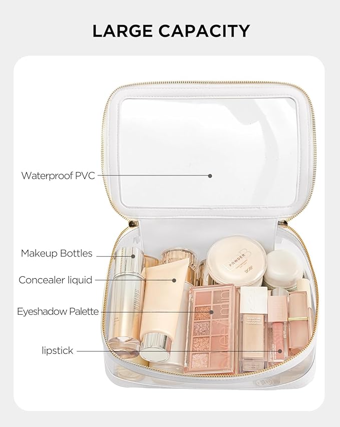Medium Clear Makeup Bag for Women, Portable Travel Makeup Bag Organizer Waterproof Toiletry Bag Cute Makeup Bags Cosmetic Bag Makeup Pouch, White