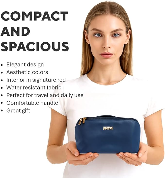 NAORI Travel Makeup Bag for Women | Large Luxury Cosmetic Organizer with Handle & Inner Pockets | Waterproof Leather Toiletry Bag | Makeup Case for Home, Travel & Gifting (Dark Teal)