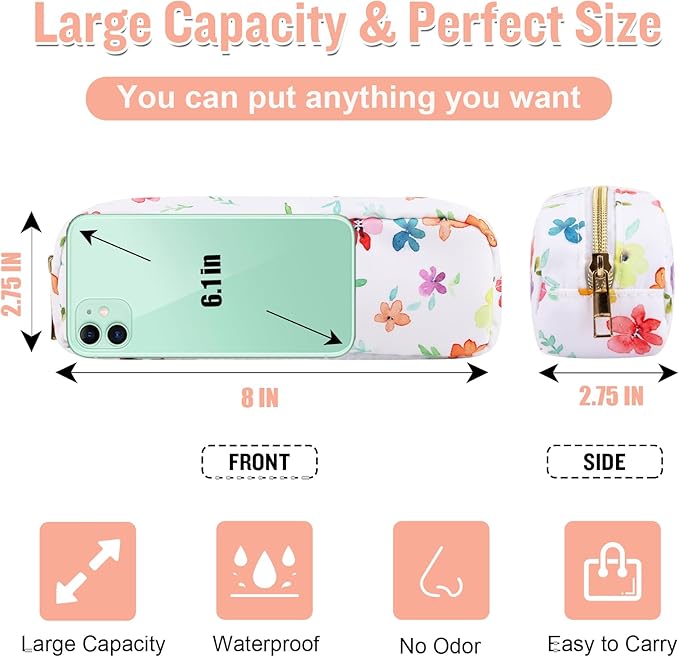 Nylon Small Floral Makeup Bag Slim Pouch, Preppy Cute Makeup Brush Case Bag Cosmetic Zipper Pouch for Purse, Waterproof Travel Toiletry Bag Coin Pouch Make Up Organizer for Women Girls(White-Flower)
