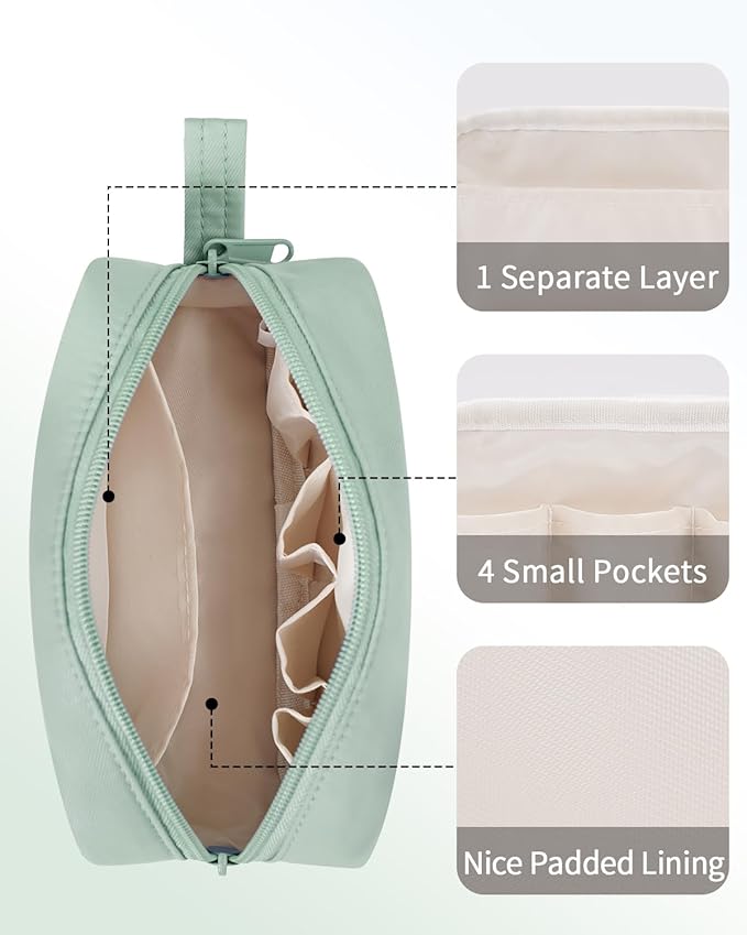 Narwey Small Cosmetic Bag, Small Makeup Bag for Purse, Travel Mini Makeup Pouch, Zipper Pouch, Cute Makeup Bag with Organized Pockets for Women (Mint Green, Small)