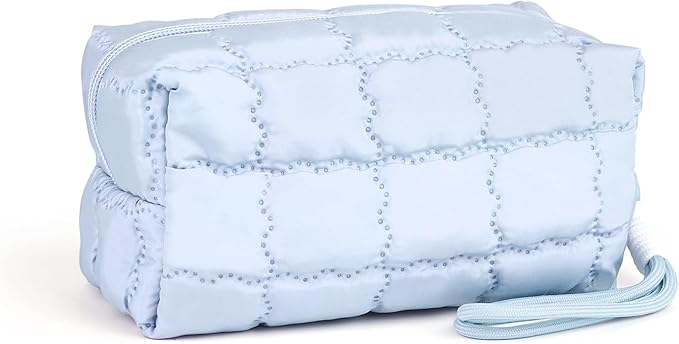 Richeart Makeup Bag Travel Toiletry Bag - Checkered Down Cotton Makeup Pouch for Women with Cosmetic and Pencil, Aesthetic Light blue Design, Small