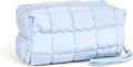 Richeart Makeup Bag Travel Toiletry Bag - Checkered Down Cotton Makeup Pouch for Women with Cosmetic and Pencil, Aesthetic Light blue Design, Small