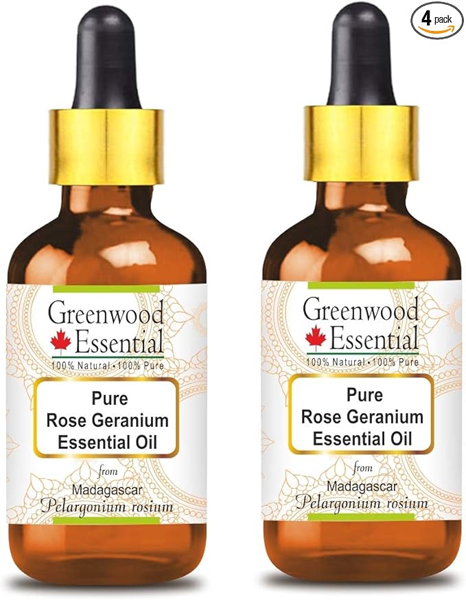 Greenwood Essential Pure Rose Geranium Essential Oil (Pelargonium roseum) with Glass Dropper Steam Distilled (Pack of Two) 100ml X 2 (6.76 oz)