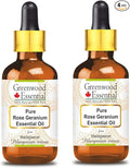 Greenwood Essential Pure Rose Geranium Essential Oil (Pelargonium roseum) with Glass Dropper Steam Distilled (Pack of Two) 100ml X 2 (6.76 oz)