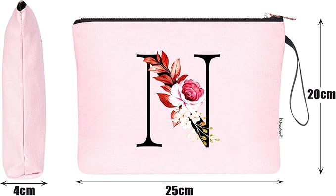 Vavabox A-Z Personalized Makeup Bag, Birthday Gifts for Women Mom, Gifts for Best Friend, Bride Bridesmaid Cosmetic bag (N, Pink)
