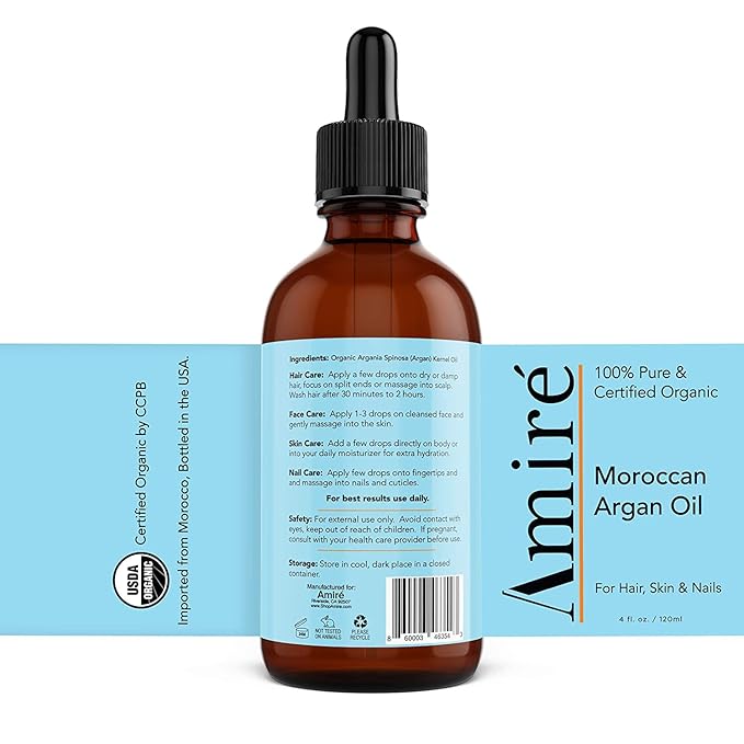 2 Pack of USDA Certified Organic Argan Oil 4oz, Triple Extra Virgin Grade Moroccan Argan Oil for Skin, Face, & Nails. Moisturizer. Scalp Treatment Hair Oil for Dry, Damaged, Brittle Hair.