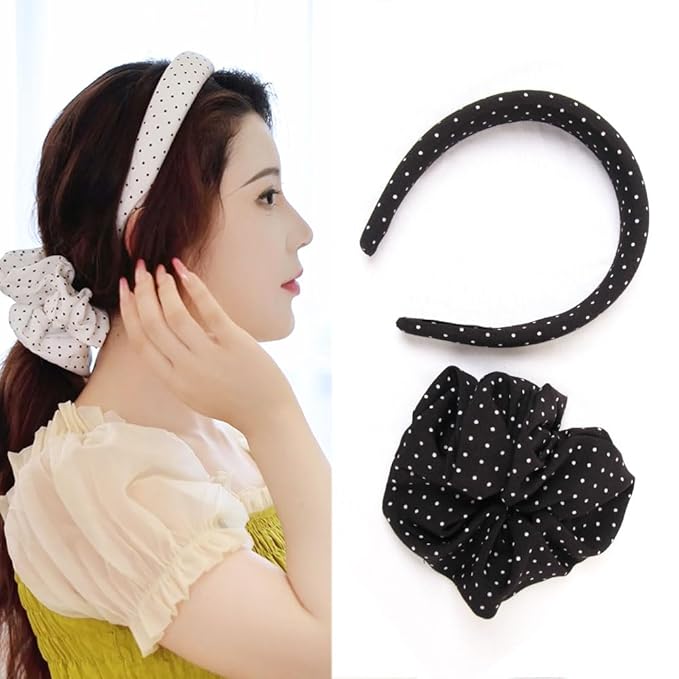 Headband and Scrunchie Set for Women 2Pack Hair Ties for Girls Elastics Bands Ponytail Holder Hair Accessories Black Dot