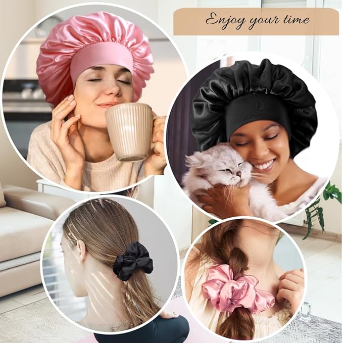 3+3 Large Satin Bonnets with Scrunchies for Women, Wide Band Hair Bonnet for Sleeping Braids Curly Hair