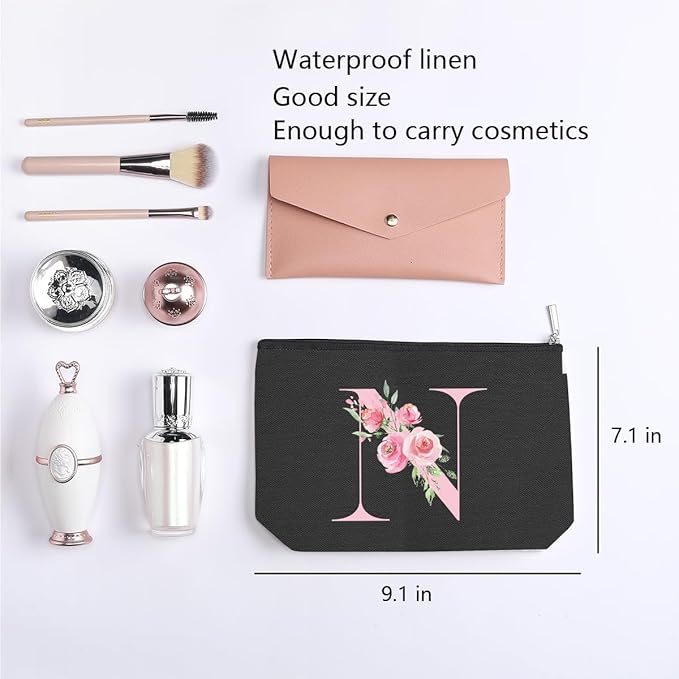 A-Z Personalized Cosmetic Bag Monogrammed Makeup Bags Bridesmaid Gifts Custom Toiletry Pouch Gifts for Women Mom Best Friend Sister Bride Bridesmaid (N)