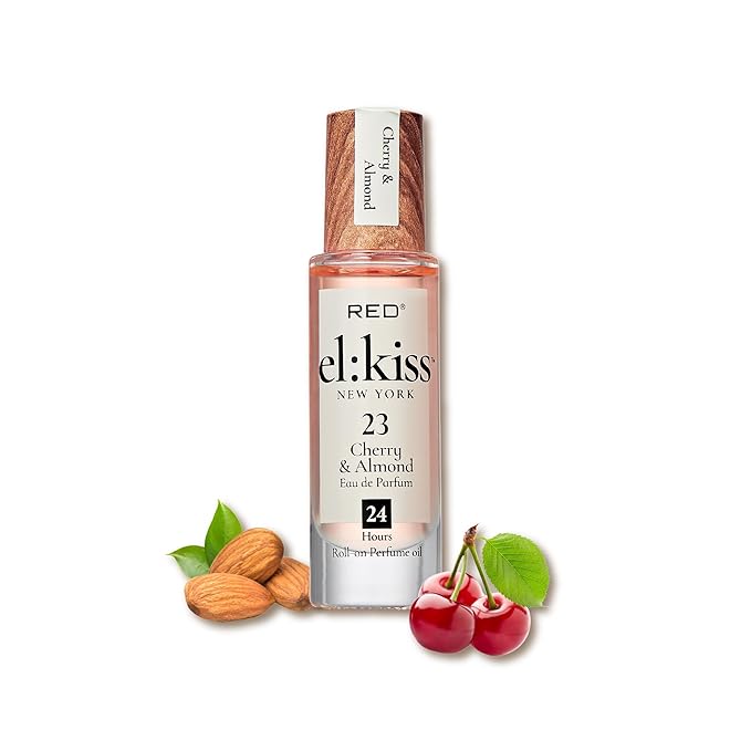 EL:KISS Roll On Perfume, Cherry & Almond Inspired by Tom F Lost Cherry Eau de Parfum 12mL (.40 Fl Oz), Hydrating & Long-Lasting, Alcohol-Free & Mineral Oil-Free, With Jojoba, Argan & Coconut Oil
