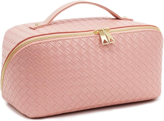 Travel Makeup Bag – Large Cosmetic Organizer with Waterproof PU Leather, Smooth Double Zipper & Tear-Resistant Lining, Toiletry Pouch for Women (Pink)
