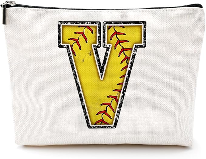 Initial Makeup Bag Monogrammed Cosmetic Bag Letter V Zipper Pouch Softball Accessories for Girls Women Player Coach Friend Graduation Birthday Gifts