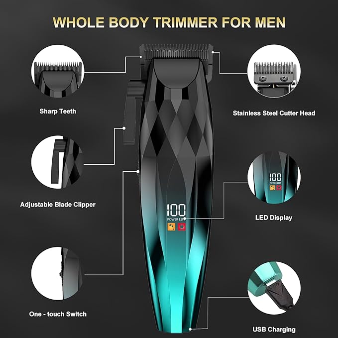 2-in-1 Professional Hair Clippers Set,Cordless Hair Clippers and T-Blade Trimmer Kit for Men,LCD Display,USB Rechargeable,Adjustable Guards,Waterproof,Beard & Body Grooming Kit (Green)