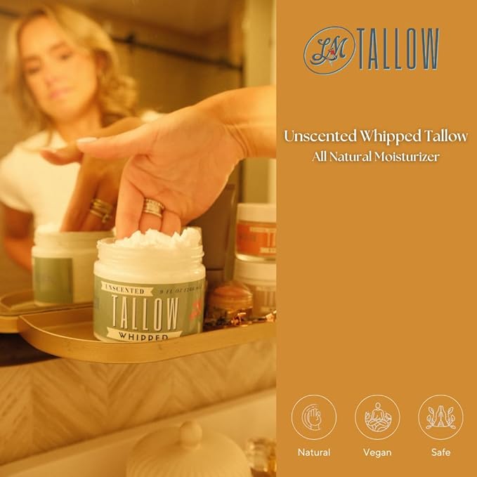 Whipped Tallow 9oz - All Natural Face Cream + Whole Body Moisturizer for Dry Skin - No Preservatives, Parabens or Seed Oils - 100% Pure, No Added Fragrance - USA Made (Unscented)