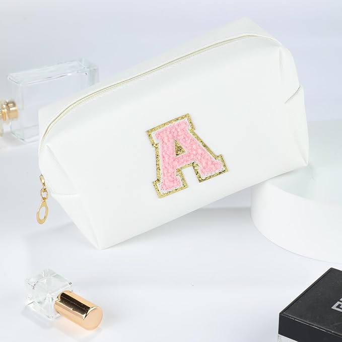 MSQ Personalized Makeup Bag Initial A-Z Patch Bag, PU Leather Cosmetic Bag Pouch Travel Toiletry Bag with Zipper, Gift Ideal for Teen Girls Friend Mom Women Birthday(White A)