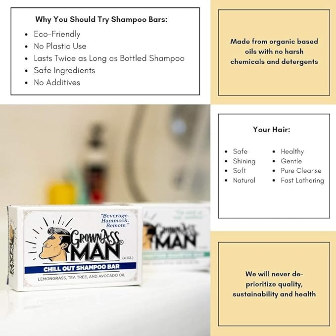 Grown Ass Man Co. - Solid Shampoo Bar Rich Lather 3 in 1: Hair, Beard & Body Wash - Plastic Free & Eco-Friendly, Natural & Organic Clean for All Hair Types, 4oz Bar (Variety, 3-Pack)