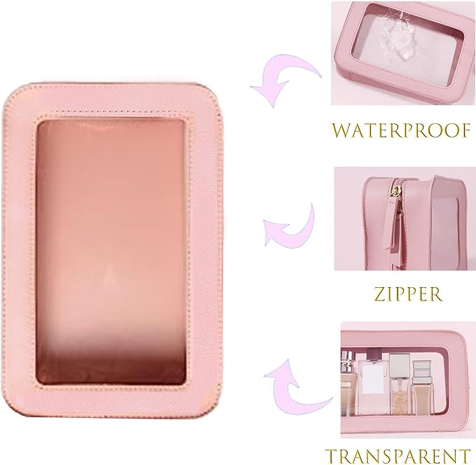 Clear and Waterproof Makeup Bag Portable Travel Cosmetic Case Organizer for Women Toiletry Pouch with Transparent Vinyl Windows & Zippers (Black)