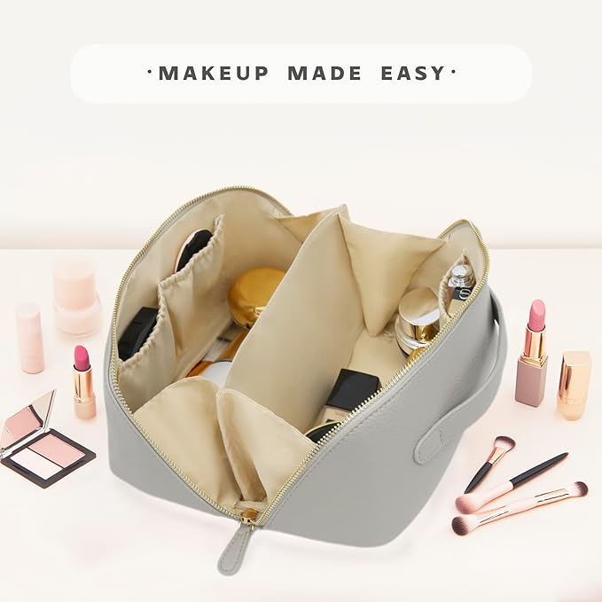 Travel Makeup Bag – Large Cosmetic Organizer with Waterproof PU Leather, Smooth Double Zipper & Tear-Resistant Lining, Toiletry Pouch for Women (Grey)