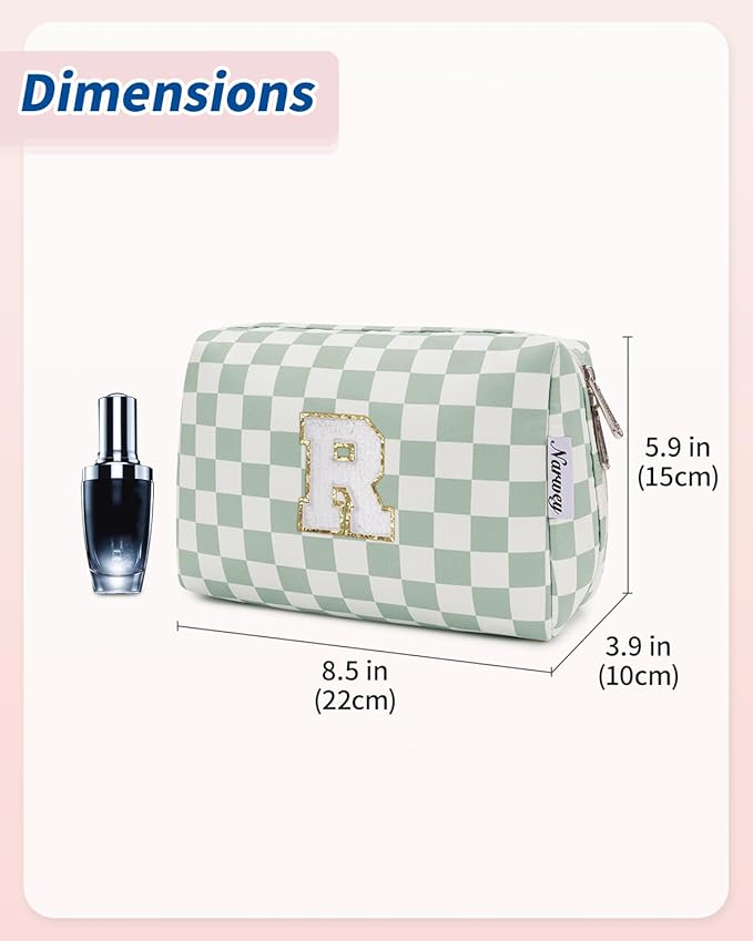Narwey Birthday Gifts for Teen Girls Women Personalized Initial Checkered Makeup Bag Preppy Cosmetic Bag Trendy Stuff 6 8 10 11 12 13 14 16 18 Years Old Travel Toiletry Bag (Green Letter R)