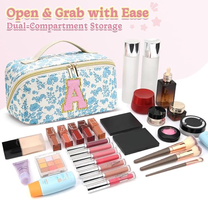 Personalized Travel Makeup Bag Set,Initial Travel Cute Floral Makeup Organizer Bag,Toiletry Skincare Cosmetic Bag,Christmas Gifts for Women/Girls,Open Flat Toiletry Pouch with Brush Pocket-P
