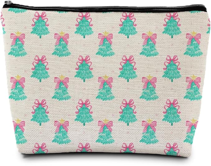 Coquette Pink Bow Christmas Tree Makeup Bag, Preppy Mint Green Christmas Tree Cosmetic Bags Gifts for Women, Girly Xmas Portable Travel Toiletry Bag Zipper Makeup Pouch