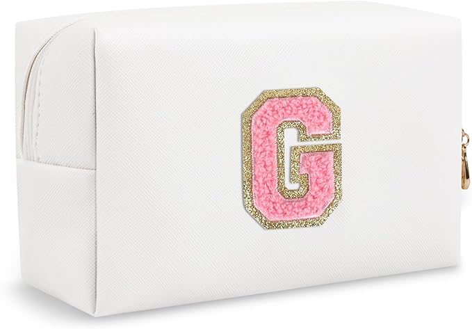 Personalized Initial Preppy Makeup Bag Organizer, Small Travel Cute White Cosmetic Bag Toiletry Zipper Pouch, Portable Waterproof PU Leather Monogram Makeup Case for Teacher Graduation Gift(Letter G)