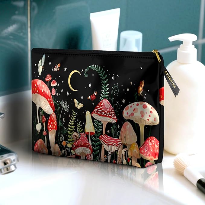 Cute Makeup Bag for Purse Waterproof Cosmetic Bags for Women Funny Smooth Zipper Travel Toiletry Pouch 10X8 Inches-Mushroon Makeup pouch