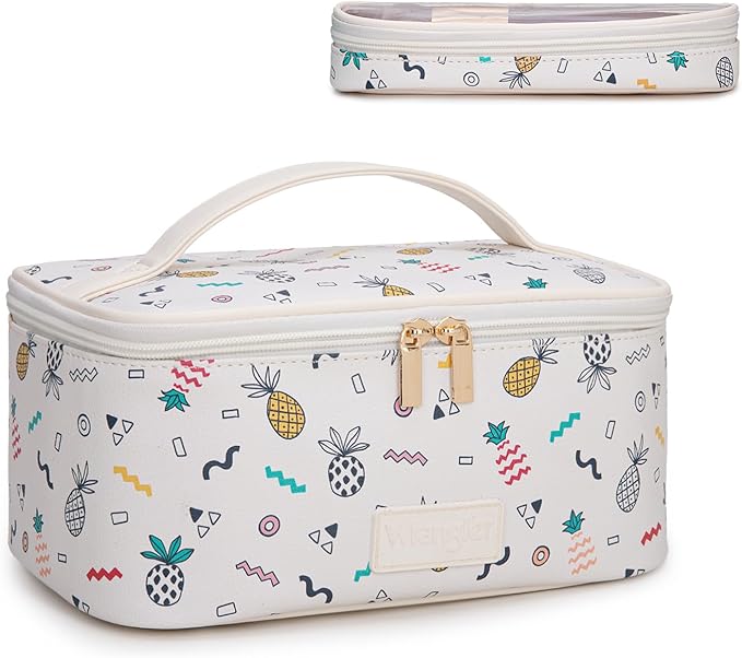 Montana West X Wrangler Travel Makeup Bag 2pcs Set Large Cosmetic Bag with Makeup Brush Holder Portable Make Up Organizer Cute Toiletry Bag with Divider and Handle for Women Beige