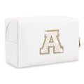 Small Initial Patch Makeup Bag Personalized Gifts Make Up Bag,White Cute PU Leather Glitter Letter Cosmetic Bag with Zipper,Trendy Portable Travel Toiletry Pouch,Preppy Stuff for Teen Girls Women A