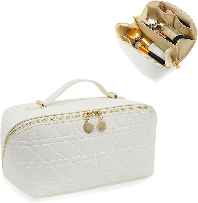 Travel Makeup Bag – Large Cosmetic Organizer with Waterproof PU Leather, Smooth Double Zipper & Tear-Resistant Lining, Toiletry Pouch for Women (White)