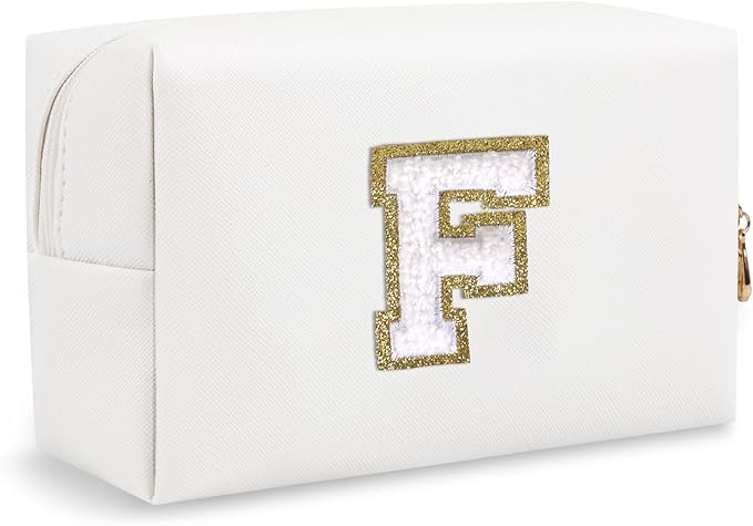 Small Initial Preppy Makeup Bag, Personalized Travel Cosmetic Organizer Chenille Letter White Toiletry Zipper Pouch, Portable Waterproof Makeup Case Birthday Gifts for Female Friends Mom(Letter F)