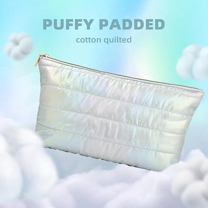 Hiroyuki Iridescent Quilted Makeup Bag, 3pcs Cute Makeup Bag Set, Large Capacity Cosmetic Organizer Travel Toiletry Pouch (plain, cyan)