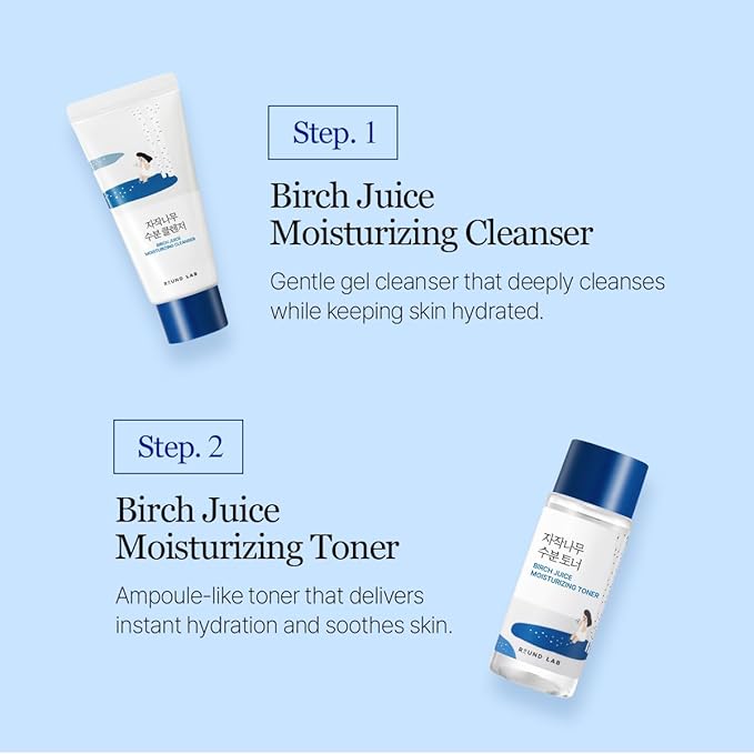 ROUND LAB Birch Juice Moisturizing Mini Kit, 4-Step Travel Size Skincare Set (Cleanser, Toner, Serum, Cream) | Korean Moisturizer, Hydrating Routine | for Acne-Prone, Sensitive Skin | Beauty Gift Set