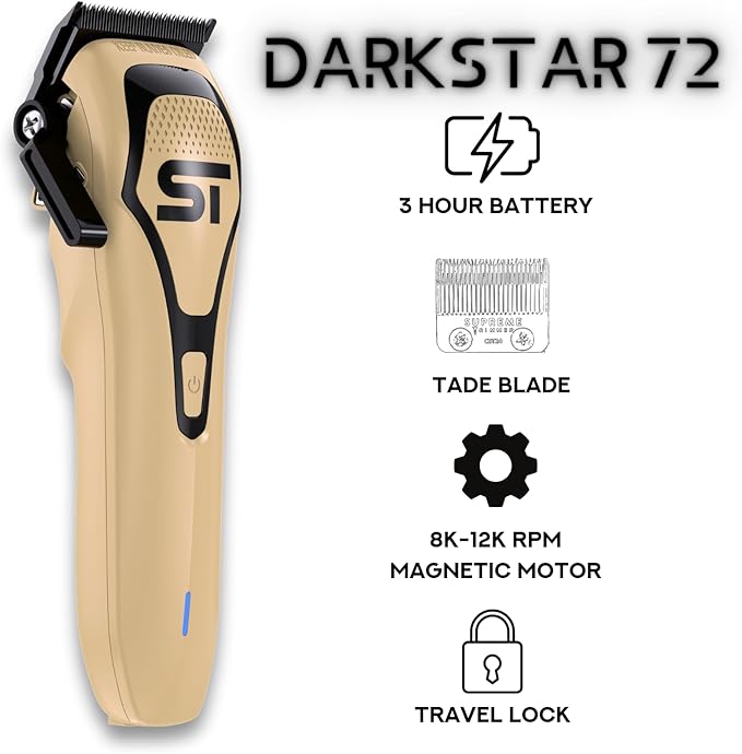Supreme Trimmer Darkstar 72 Clipper with Magnetic Vector Motor | 180 Min Run Time, 9000 RPM Barber Hair Clipper | Low Noise, Professional Clipper DLC Blades | STC72