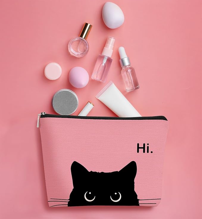 Cute Cat Makeup Bag - Black & Pink, Small Cosmetic Bag for Women & Teen Girls, Birthday Gift for Cat Lovers & Owners