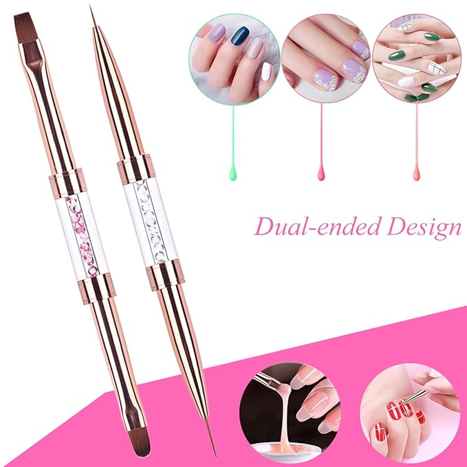 2Pcs Dual-ended UV Gel Nail Brush Set Rhinestone Handle Nail Art Design Brushes Professional Nail Tools Rose Gold