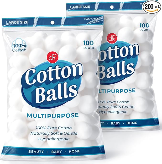 DecorRack 200 Count [Large Size] Cotton Balls, 100% Pure Cotton for Nail Polish and Make-Up Removal, Applying Oil Lotion or Powder, Perfect for Multi-Purpose Use, Soft and Absorbent (200 Count)