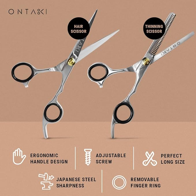 Ontaki Hair Shears & Thinning Scissors Kit - 7-Inch, Silver Japanese Steel - Precision Hair Cutting Scissors for Professionals & Home Stylists with Styling Comb & Pouch