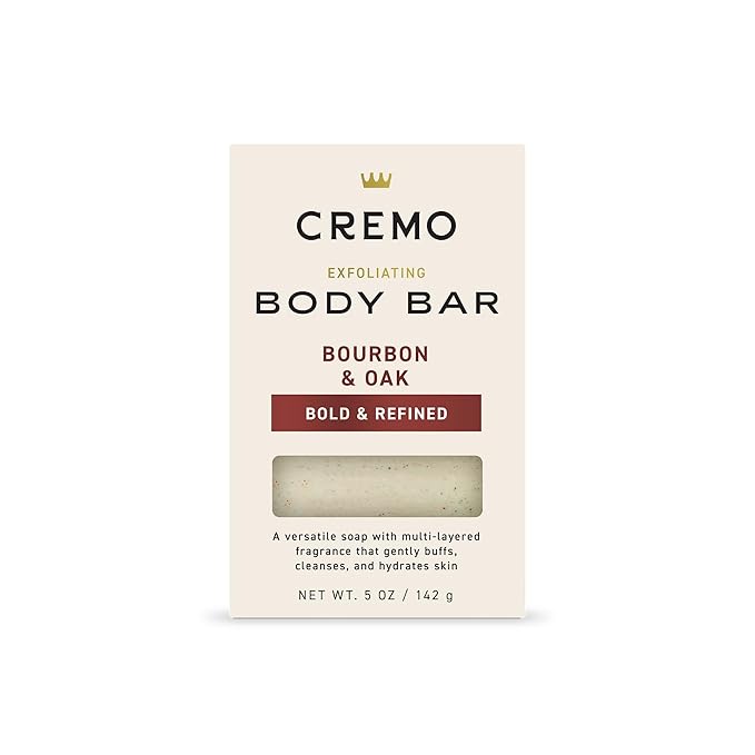 Cremo Exfoliating Body Bar for Men, Bourbon & Oak Scent, Multi-Layered Fragrance That Buffs, Cleanses and Hydrates Skin, 5oz