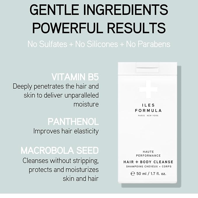 ILES FORMULA Haute Performance Hair + Body Cleanse Mini - Gently Cleanse & Nourish Hair & Body - Sulfate, Silicone & Paraben Free, (50 ML)