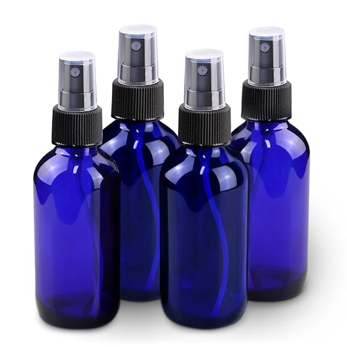 Wedama 4 oz Mini Glass Spray Bottles, Empty Small Spray Bottles with Funnel Dropper, Fine Mist for Hair, Travel, Plants, Cleaning Solutions and Skin Care (4 Pack Blue)