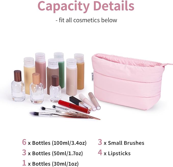 Narwey Small Makeup Bag for Travel Women Girl, Puffer Cosmetic Bag Makeup Pouch for Purse with Zipper, Cute Puffy Make Up Organizer Bags, Travel Toiletry Bag Toiletries (Dusty Rose)