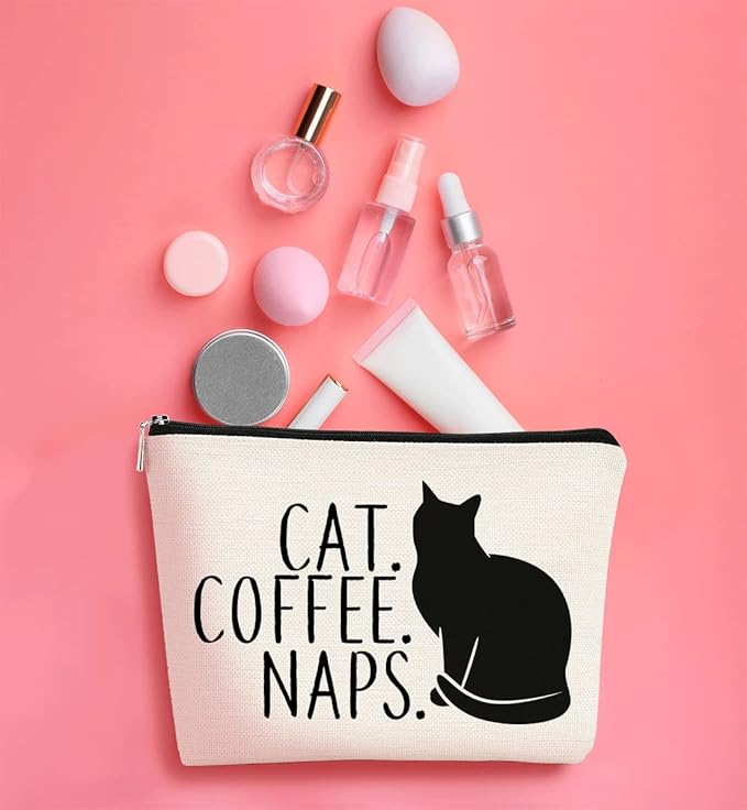 Cat Coffee Naps Black Cat Funny Cartoon Kitty Kitten Makeup bag,Cosmetic Bag Zipper Travel Toiletry Bag Best Gift Idea for Cat Lovers Teen Girls,Cat Owners Gifts,Birthday Christmas's Gift
