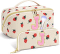 Personalized Travel Makeup Bag Set,Initial Travel Strawberry Makeup Organizer Bag,Toiletry Skincare Cosmetic Bag,Christmas Gifts for Women/Girls,Open Flat Toiletry Pouch with Brush Pocket-J